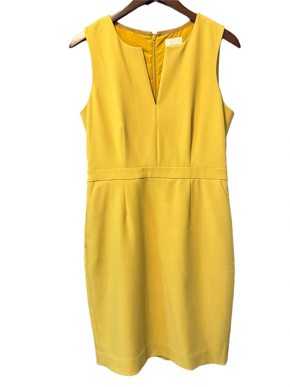 J. Crew Suiting Sleeveless Mustard Sheath Dress with V-Notch and Pockets Size 8